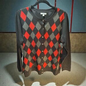 NWT Croft & Barrow Argyle Button-Front Cardigan Sweater - Black/Red/Grey
